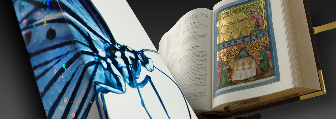 Diaschau Bild 3 faksimile Bibelseite mit überdruckter goldener Kaltfolie